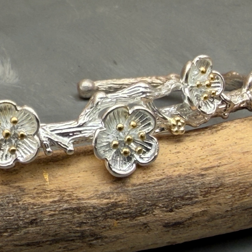 Sterling Silver Floral Cuff Bracelet Gold Accent Cherry Blossom Branch artisan